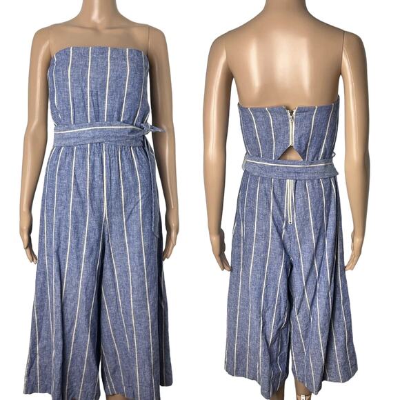 Alice + Olivia Pants - Alice + Olivia Lucie Striped Chambray Strapless Wide Leg Jumpsuit